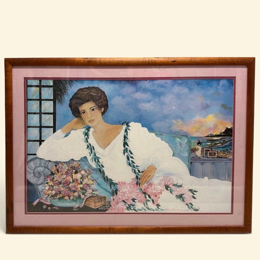 Vintage Hawaiian Koa Wood Framed Artwork Diana Hansen Young 1996 42” x 30”